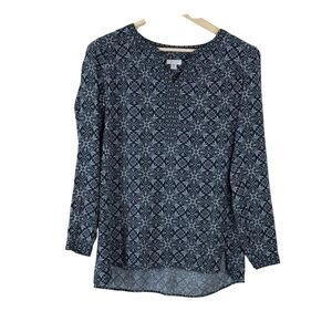 J.Jill Blue Mosaic Patterned Long Sleeve Tunic Small Tall Hi Lo Preppy Coastal